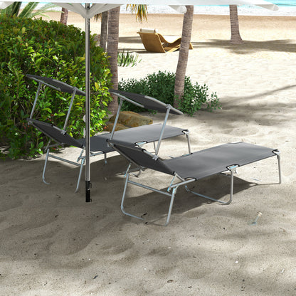 Outsunny Folding Sun Lounger Set of 2 with Canopy, Reclining Sunbed with 4-Position Adjustable Backrest, 600D Oxford Cloth, Portable Garden Lounger Recliner Chair for Beach, Camping, Patio, Grey