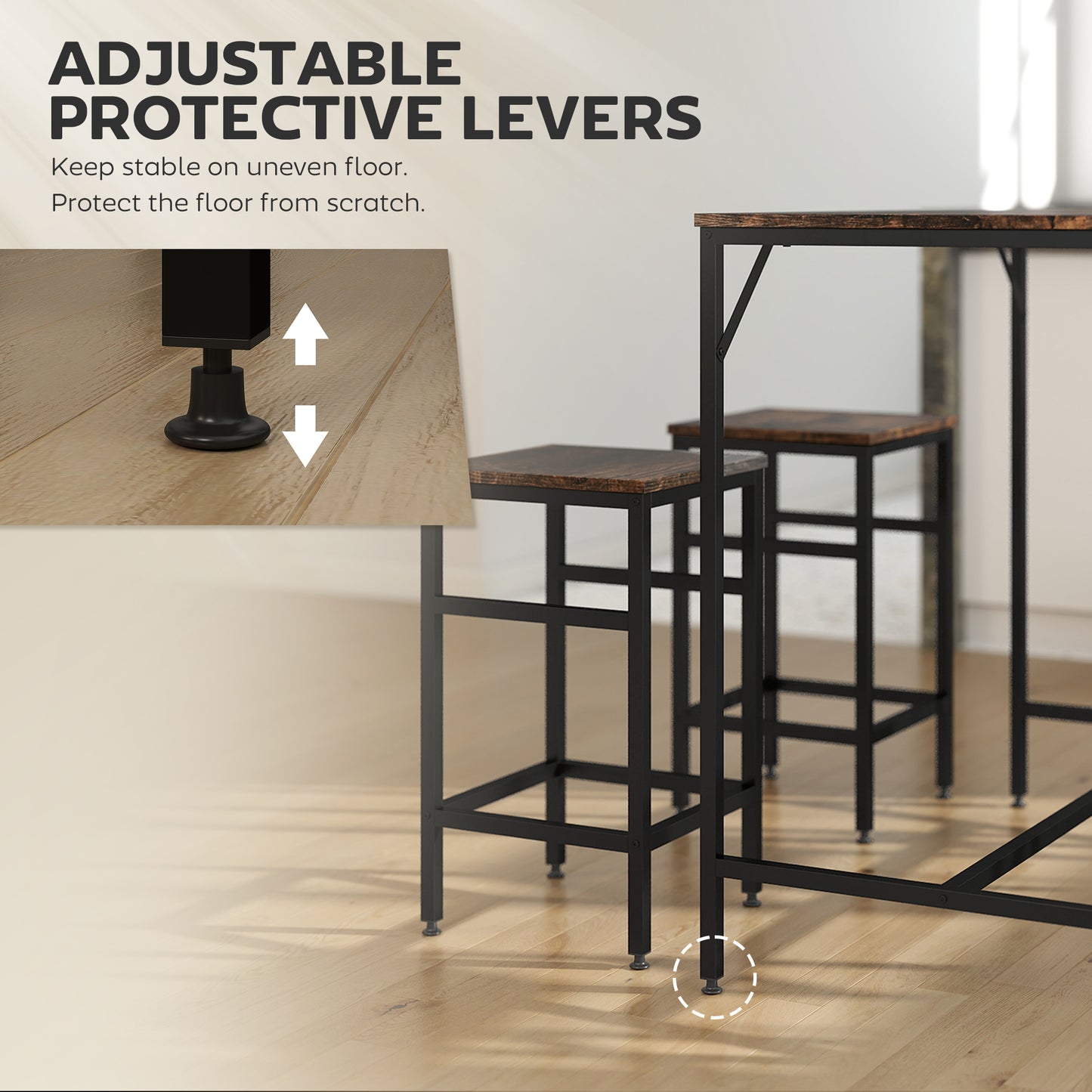 HOMCOM 5-Piece Breakfast Bar Table and Stools Set, Kitchen Bar Table Set with High Table and 4 Stools, Space Saving Compact Dining Furniture for Small Spaces, Rustic Brown