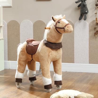 AIYAPLAY Rocking Horse, Plush Ride On Horse with Rolling Wheels & Saddle, Ride On Pony Toy for Kids 3-5 Years, Up to 25kg, Brown