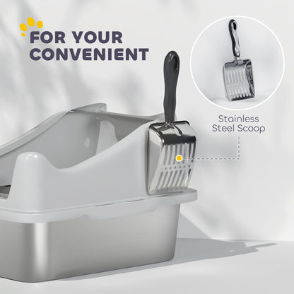 PawHut Stainless Steel Cat Litter Box with High Sides, Metal Scoop, 43 x 33 x 25 cm