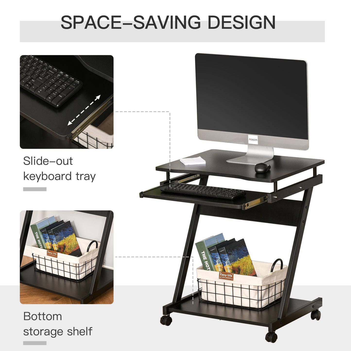 HOMCOM Movable Computer Desk with 4 Moving Wheels and Keyboard Tray Black