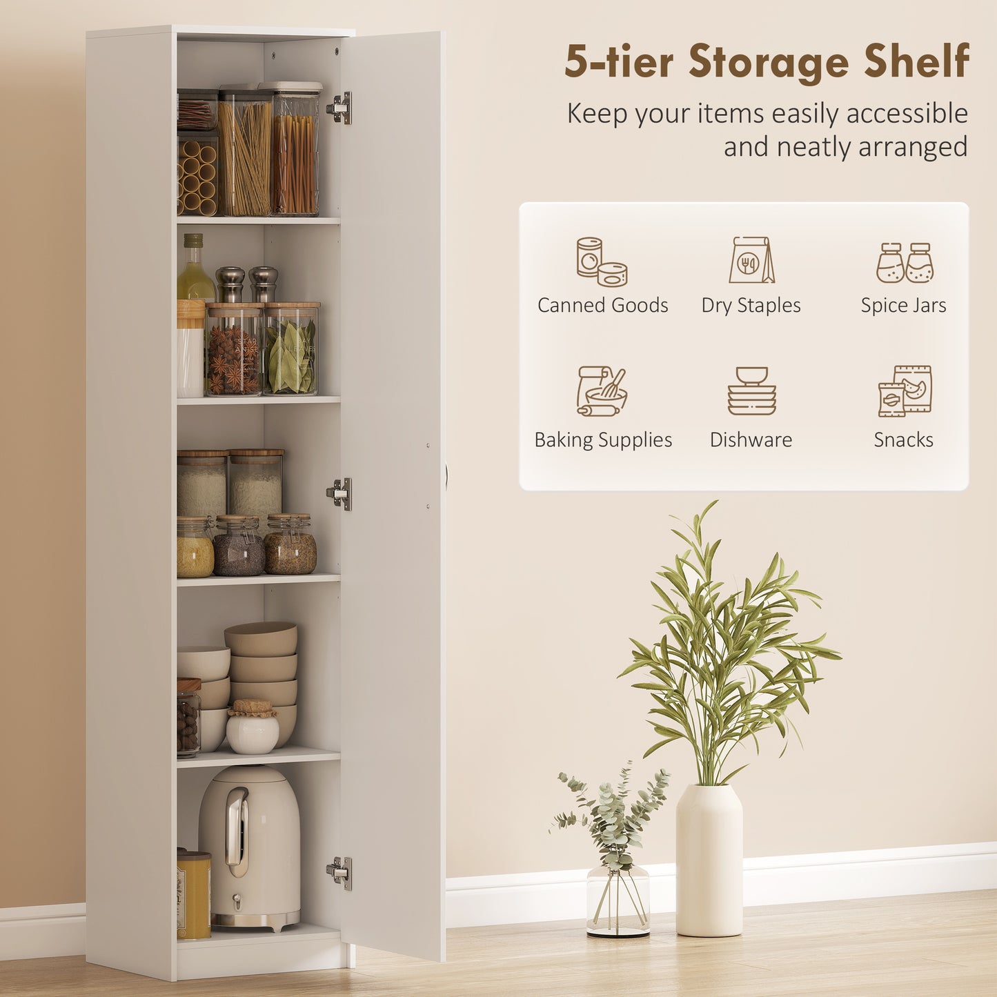HOMCOM 180cm Tall Kitchen Cupboard, Freestanding 5-Tier Pantry Storage Cabinet with Adjustable Shelf, White