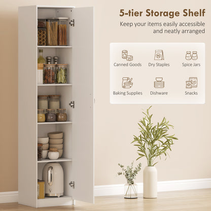 HOMCOM 180cm Tall Kitchen Cupboard, Freestanding 5-Tier Pantry Storage Cabinet with Adjustable Shelf, White