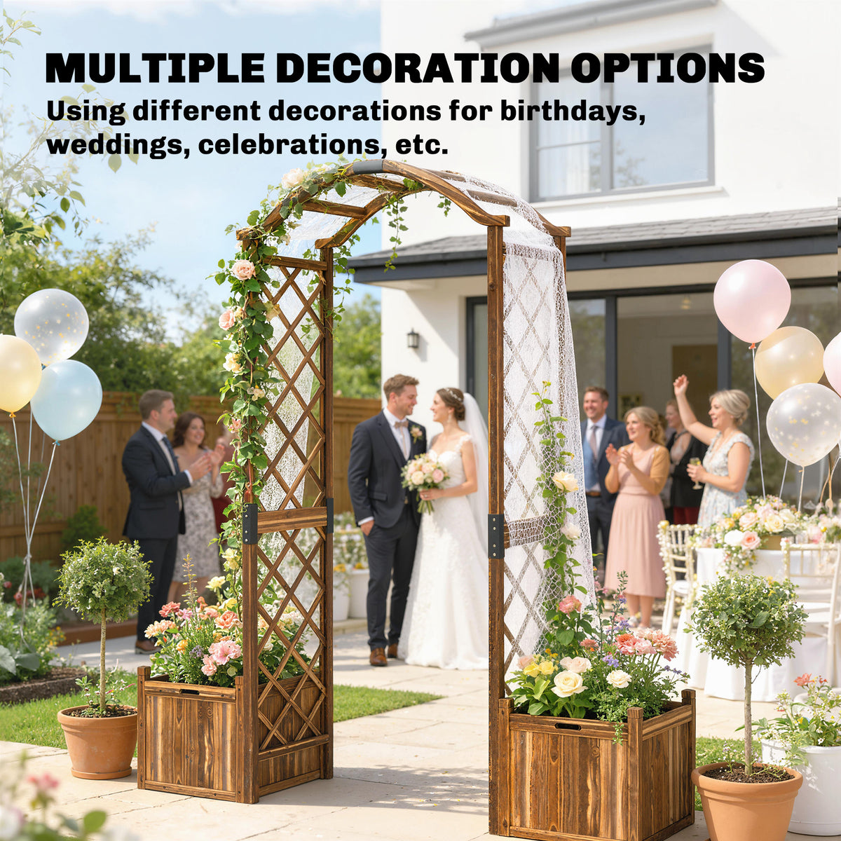 Outsunny Wooden Garden Arch with 2 Planter Boxes, Outdoor Rose Arch Trellis for Climbing Vines, Carbonised-Arches-ChewyGames-ChewyGames
