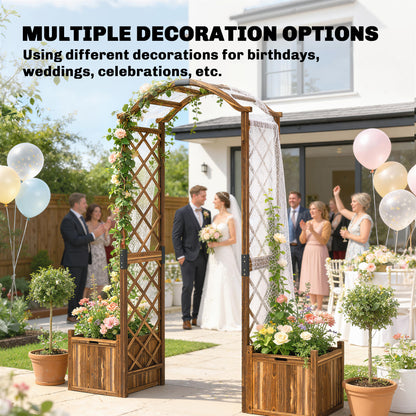 Outsunny Wooden Garden Arch with 2 Planter Boxes, Outdoor Rose Arch Trellis for Climbing Vines, Carbonised-Arches-ChewyGames-ChewyGames