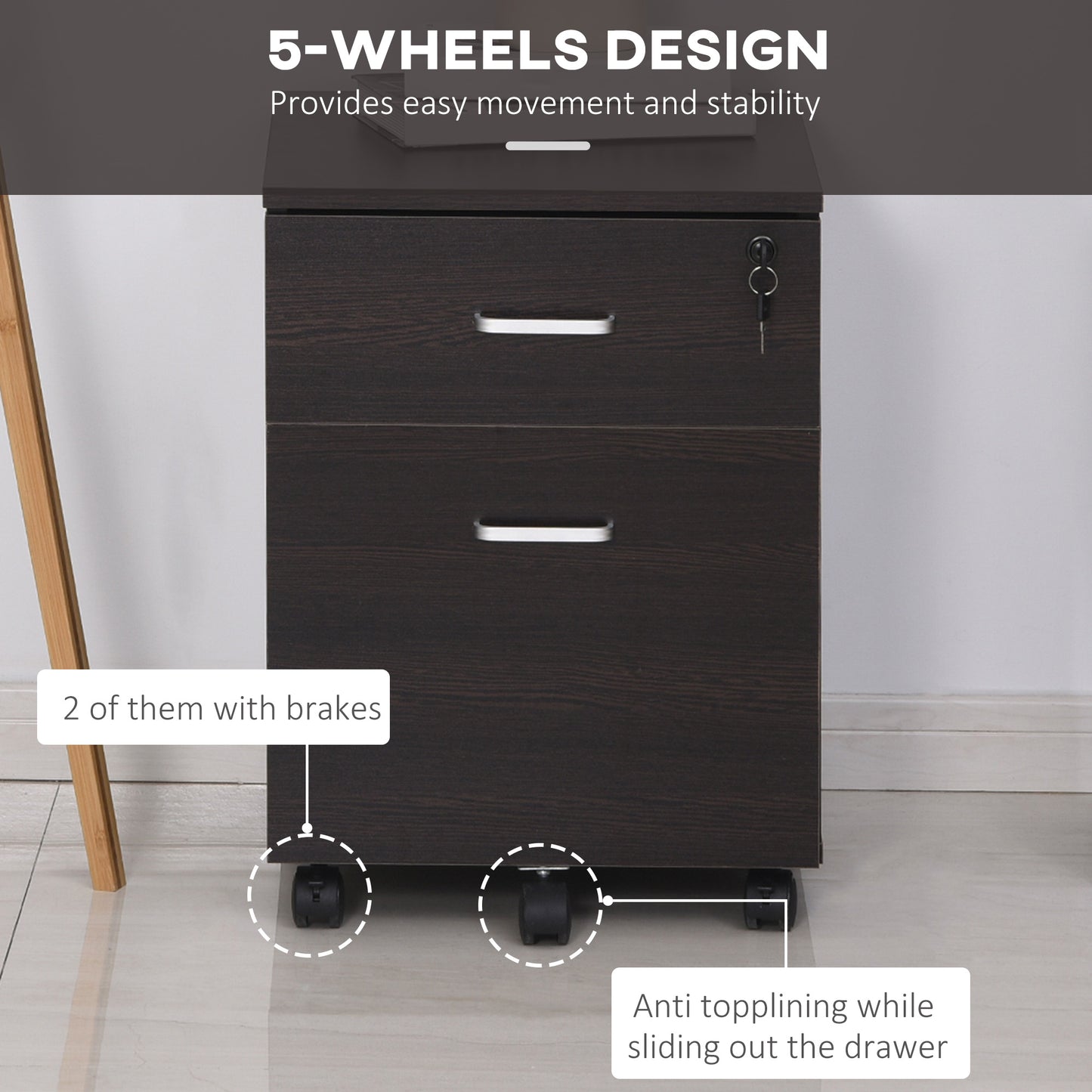 Vinsetto 2-Drawer Locking Office Filing Cabinet w/ 5 Wheels Rolling Storage Hanging A4 Cupboard Home Organisation Black Wood Grain