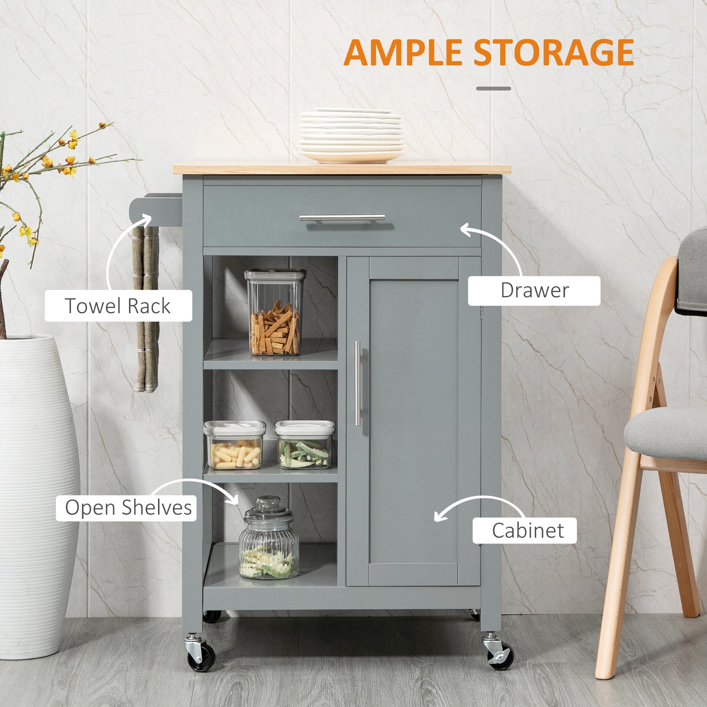 HOMCOM Compact Kitchen Trolley Utility Cart on Wheels with Open Shelf & Storage Drawer for Dining Room, Kitchen, Grey