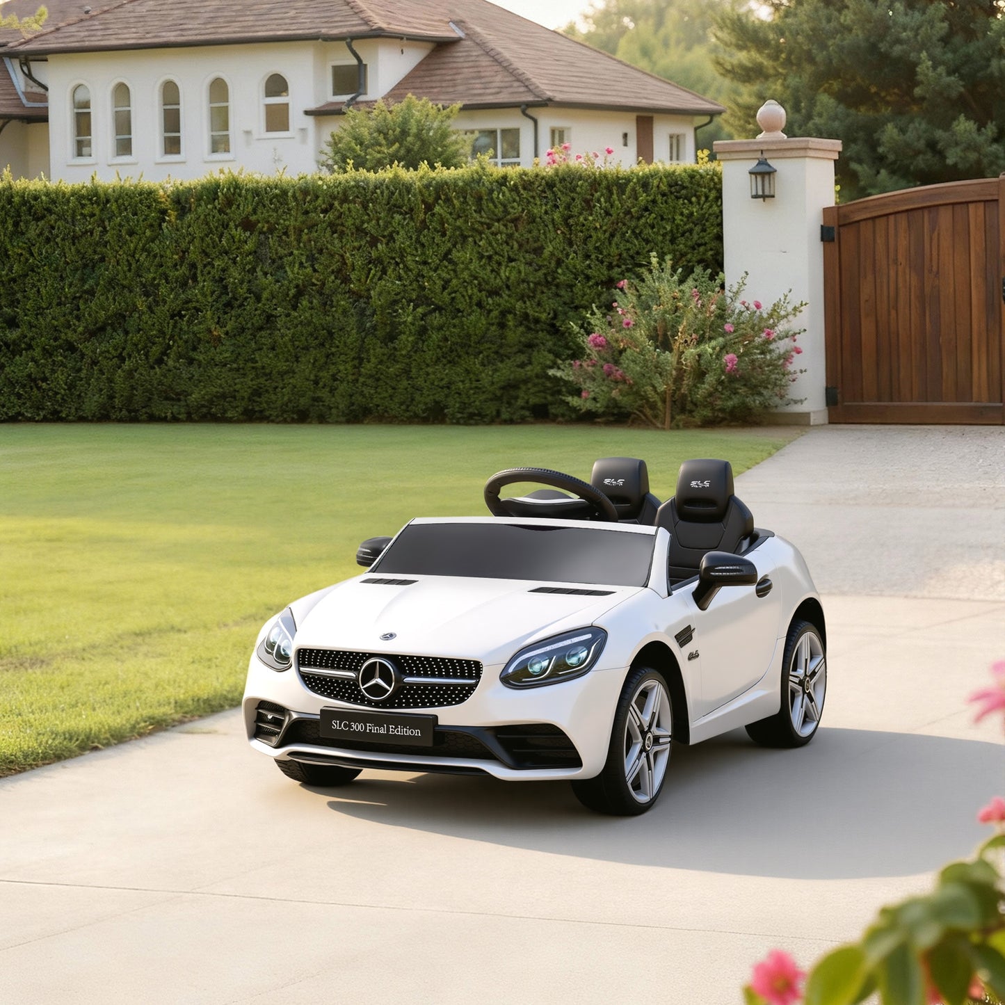 HOMCOM Benz SLC 300  Licensed 12V Kids Electric Ride On, with Music, Remote Control, LED Headlights, Horn, White