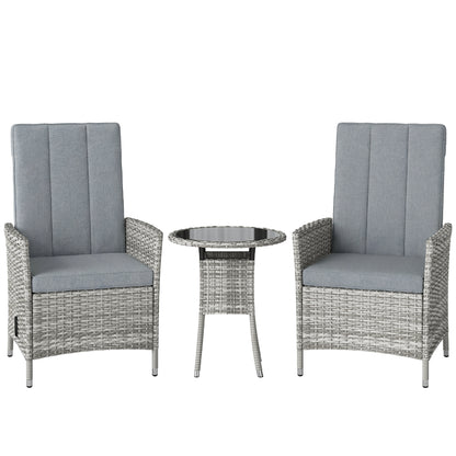 Outsunny Rattan Bistro Set, Reclining Garden Chairs and Glass Coffee Table with Cushions for Patio Balcony Porch, Light Grey