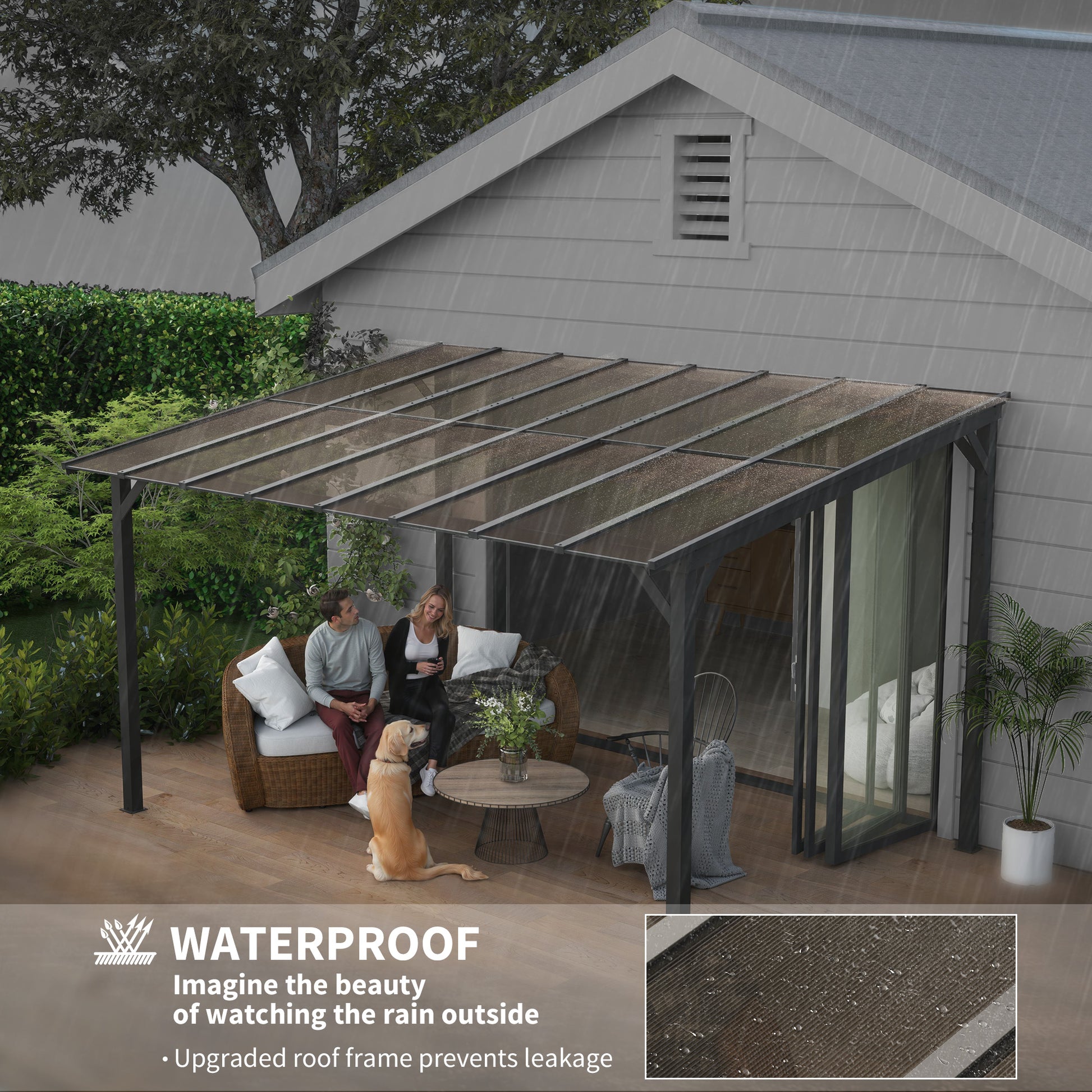 Outsunny 3 x 4.3 m Lean to Pergola with UPF 50+ Waterproof Polycarbonate Roof, Wall-Mounted or Free Standing Hardtop Roof Garden Metal Pergola Gazebo, Heavy Duty Outdoor Sun Shade, Dark Grey--ChewyGames-ChewyGames