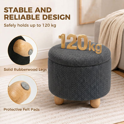 HOMCOM Storage Sitting Bench with Lid, Round Storage Ottoman with Rubberwood Legs, Dark Grey