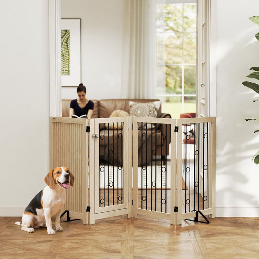PawHut 4 Panel Freestanding Pet Gate, Indoor Dog Barrier with Lockable Door, Support Feet, 360° Flexible Hinges, Oak