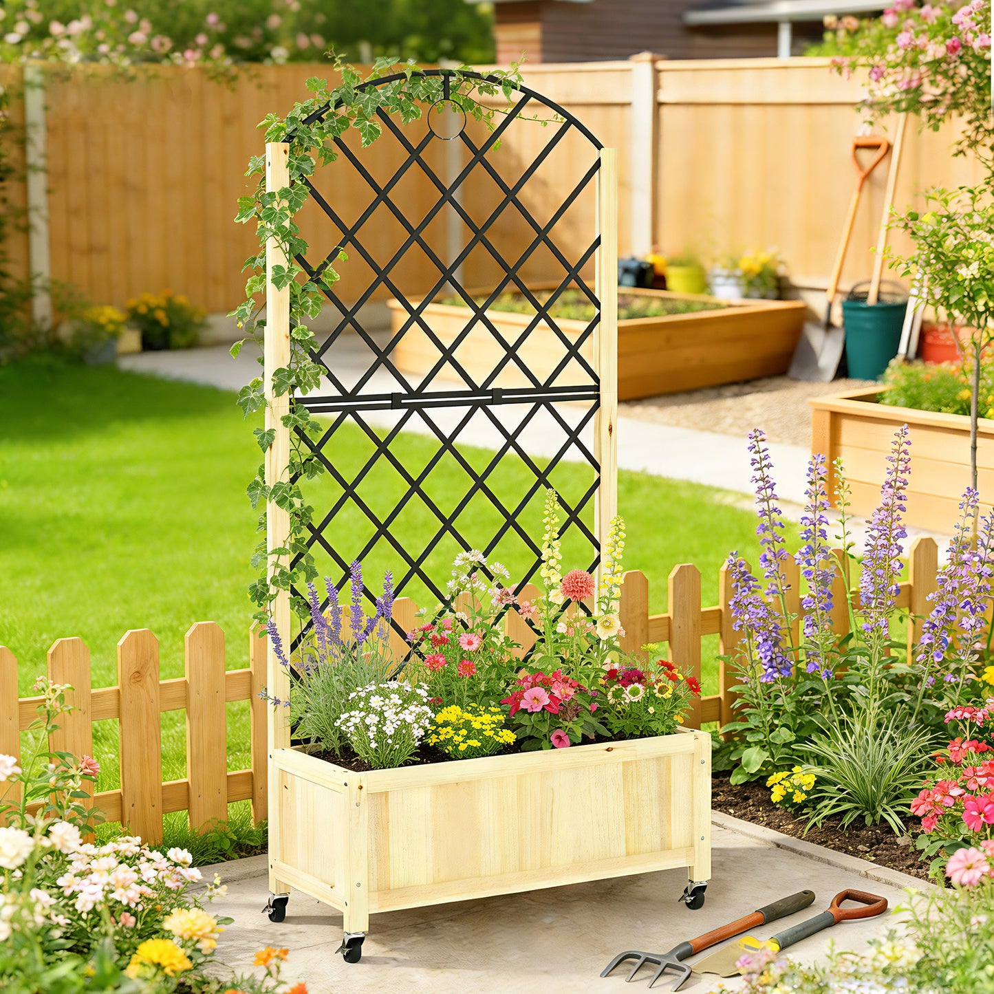 Outsunny Raised Garden Bed with Metal Trellis, Wooden Elevated Planter Box with Lockable Wheels, Outdoor Raised Planter, Natural