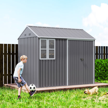Outsunny 8 x 6 ft Galvanised Garden Shed, Outsoor Metal Storage Shed with Double Doors Window Air Vents, Grey