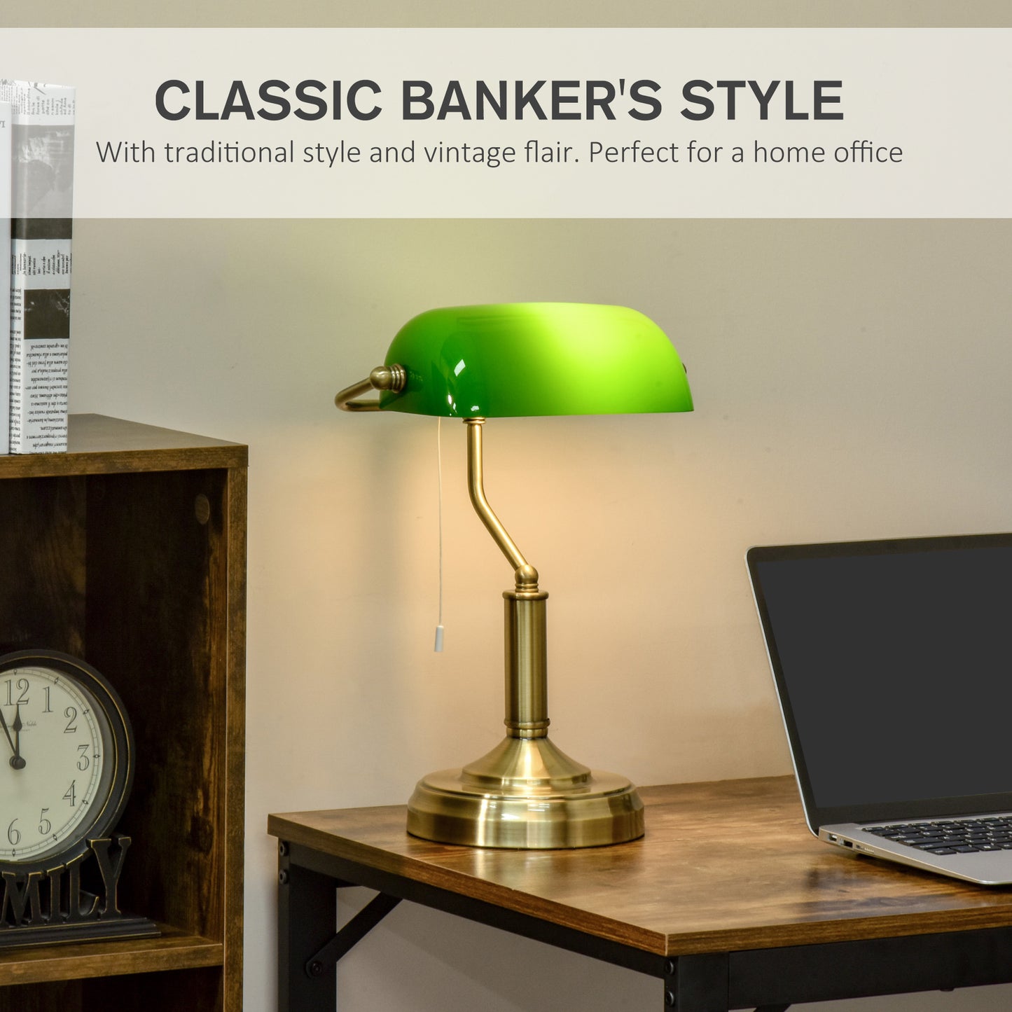HOMCOM Banker's Table Lamps Set of 2, Desk Lamps with Antique Bronze Tone Base, Green Glass Shade and Pull Rope Switch for Home Office, Living Room, Bedroom, Dining Room, Green
