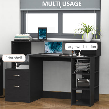 HOMCOM Computer Desk with Drawers and Storage Shelves, Office Desk Writing Table with Printer Stand, Black