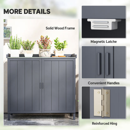 Outsunny Wood Garden Storage Cabinet, Outdoor Tool Shed, Potting Bench Table with galvanised Top and Two Shelves for garden Tools or Pool Accessories, Grey