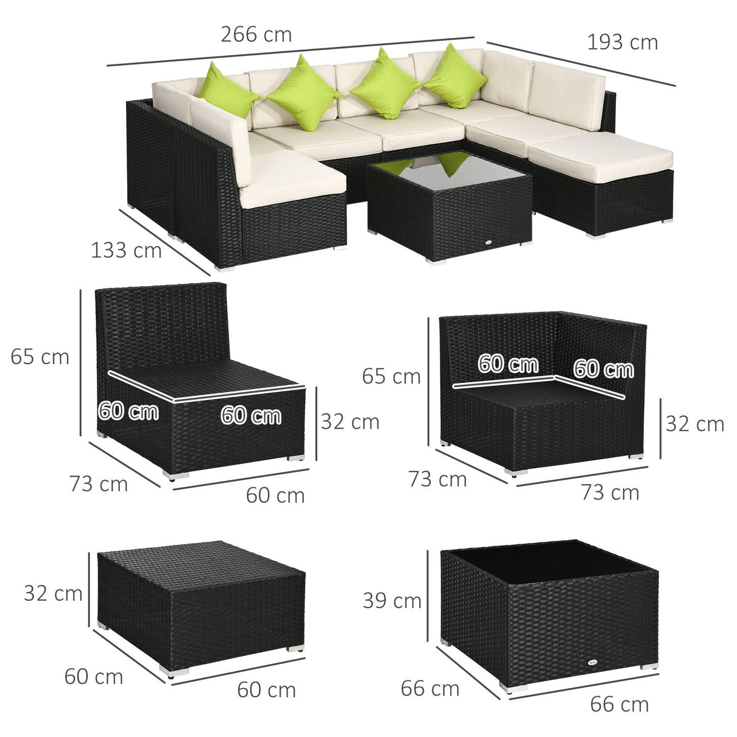 Outsunny 8 Pieces PE Rattan Corner Sofa Set, Outdoor Garden Furniture Set, Patio Wicker Sofa Seater w/ Cushion, Washable Cushion Cover & Tempered Glass Table, Khaki