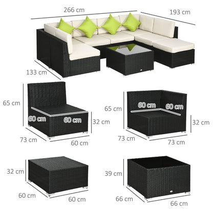 Outsunny 8 Pieces PE Rattan Corner Sofa Set, Outdoor Garden Furniture Set, Patio Wicker Sofa Seater w/ Cushion, Washable Cushion Cover & Tempered Glass Table, Khaki