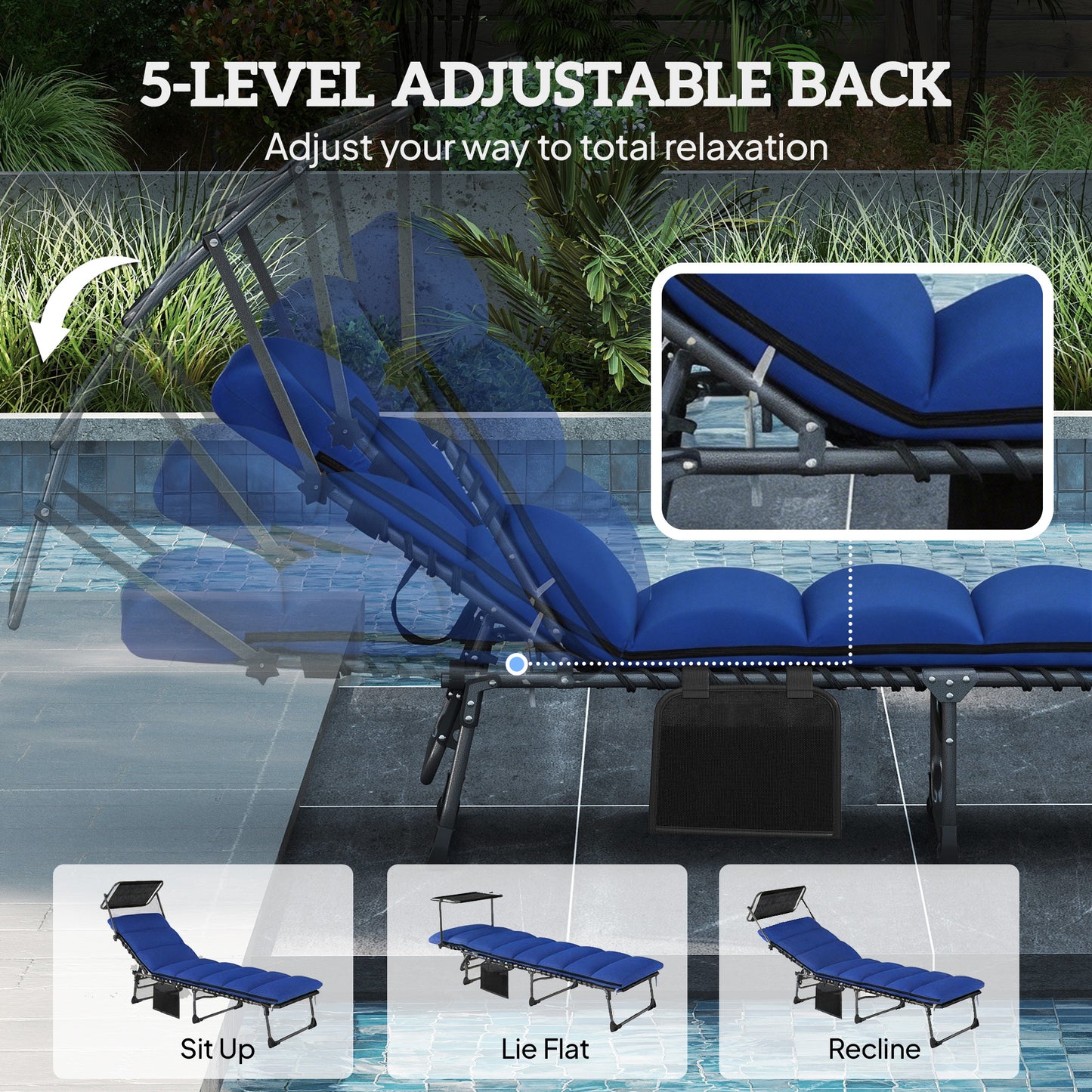Outsunny Folding Sun Lounger with Canopy, Reclining Sunbed with Cushion, Side Pocket, Carrying Handle, Dark Blue