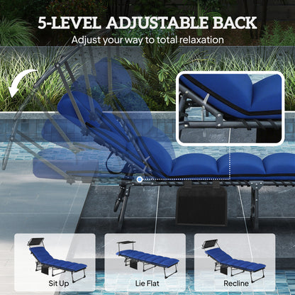 Outsunny Folding Sun Lounger with Canopy, Reclining Sunbed with Cushion, Side Pocket, Carrying Handle, Dark Blue