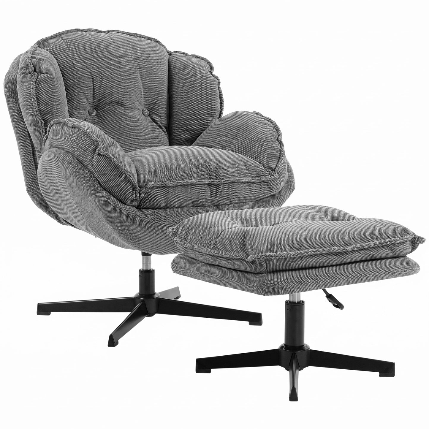 HOMCOM Armchair with Adjustable Footstool, 360° Swivel Chenille Cloud Accent Chair with Thick Cushion, Steel Base, Grey