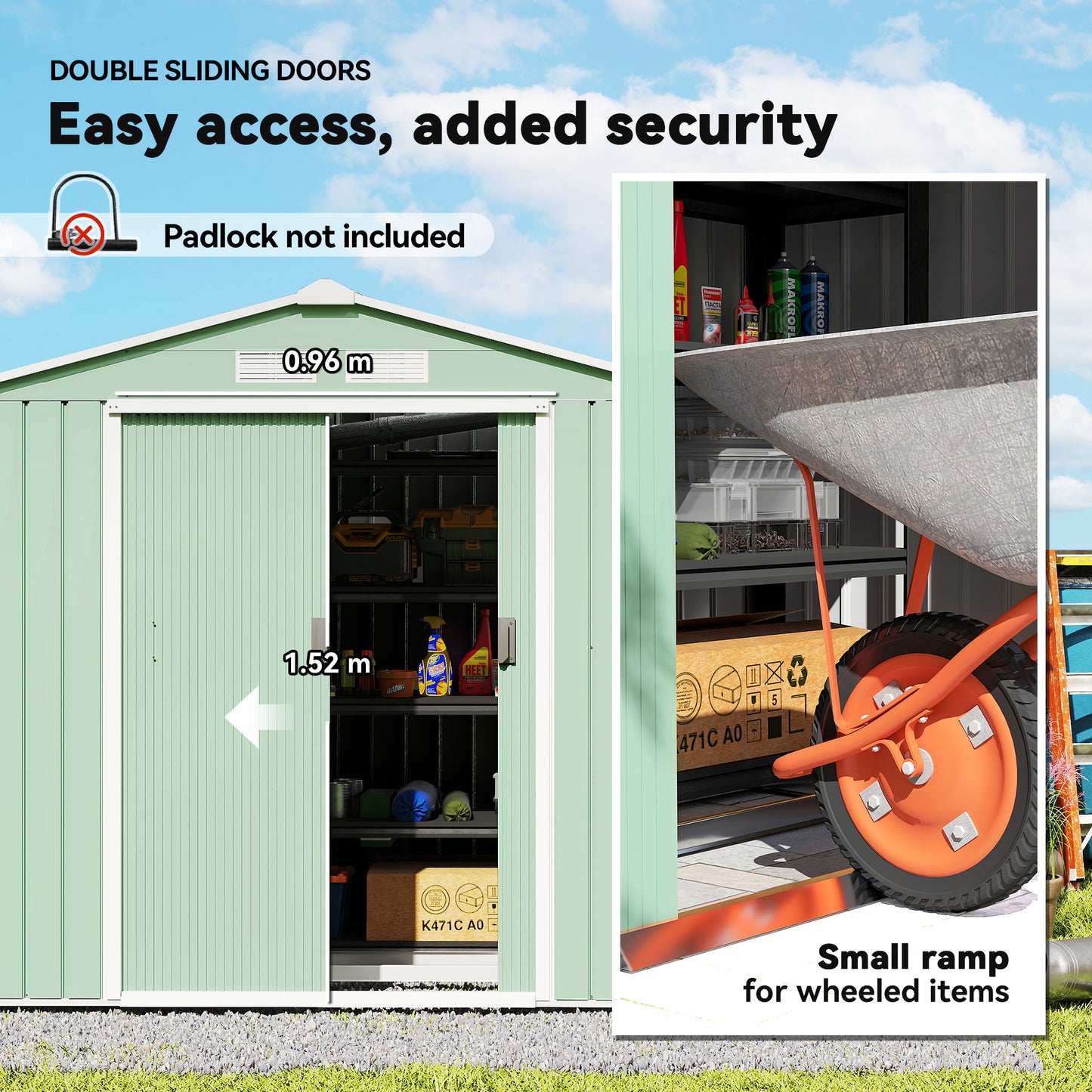Outsunny 7 x 4ft Metal Garden Shed, Outdoor Storage Tool House with Ventilation Slots, Foundation Kit and Lockable Double Doors, Light Green