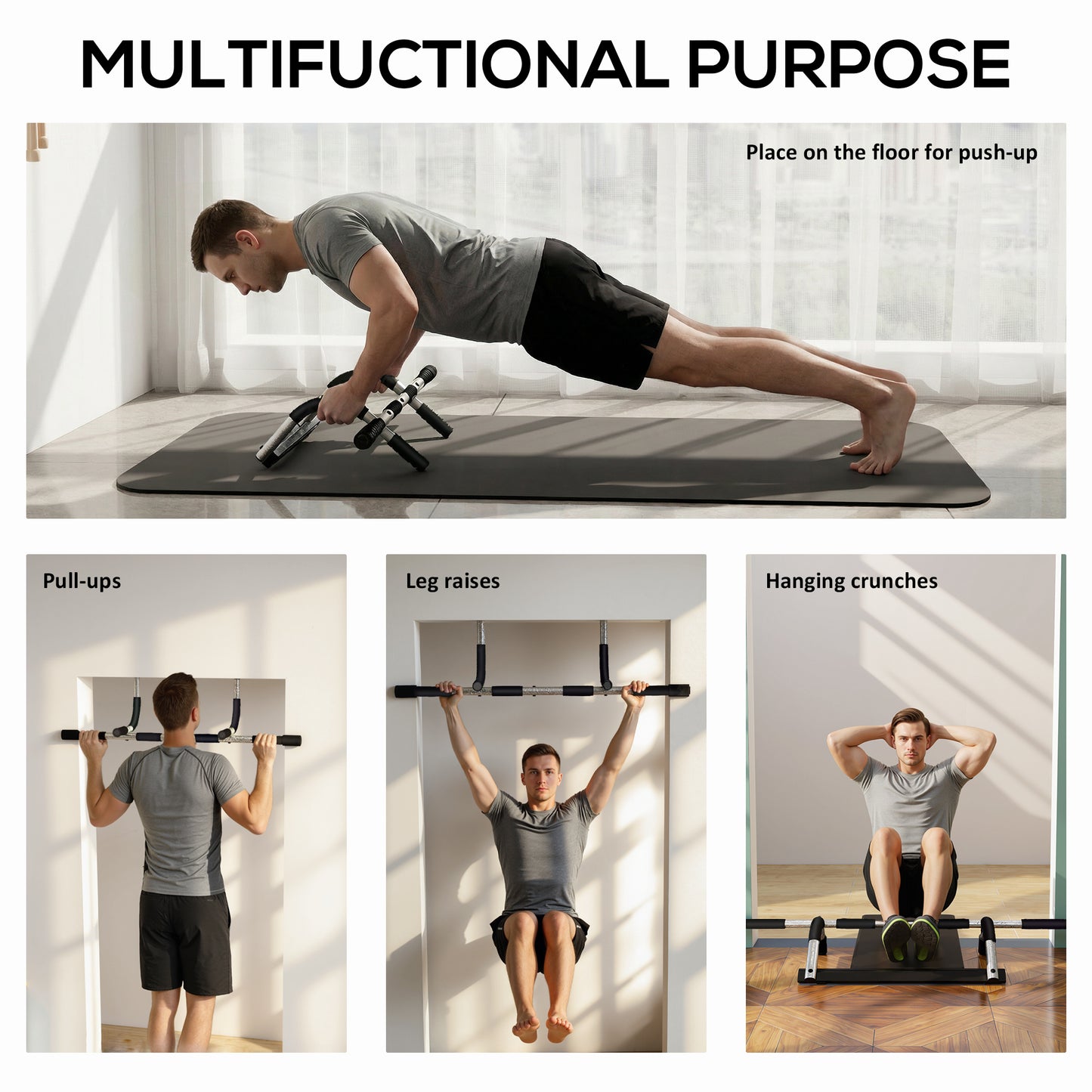 HOMCOM Doorway Pull up Bar, Door Frame Chin up Push up Bar for Home Gym Upper Body Workout, No Drilling or Screws, Grey