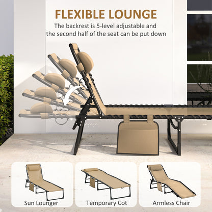 Outsunny Portable Sun Lounger, Folding Camping Bed Cot, Reclining Lounge Chair 5-position Adjustable Backrest with Side Pocket, Pillow for Patio Garden Beach Pool, Beige