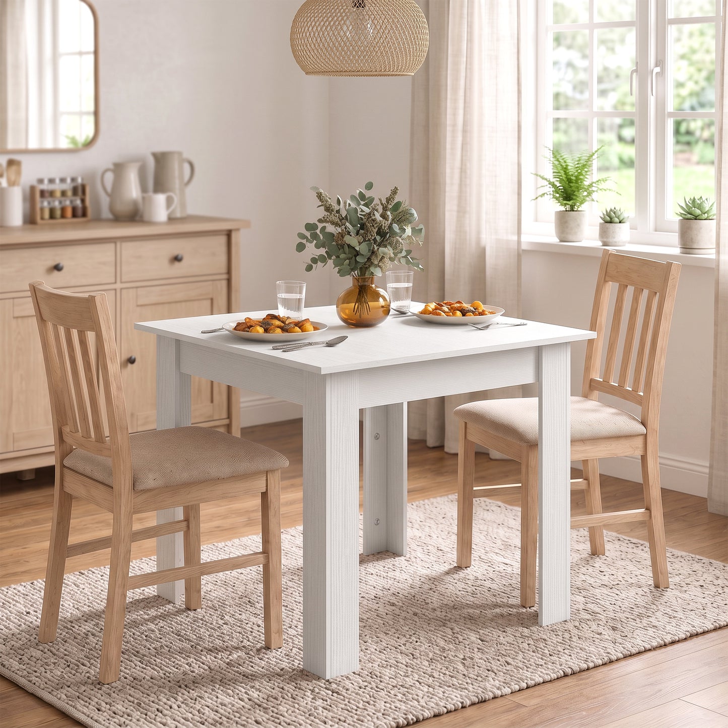 HOMCOM Square Dining Table, Modern Small Dining Table with Wood Effect, Space Saving, Non-slip Foot Pads, White