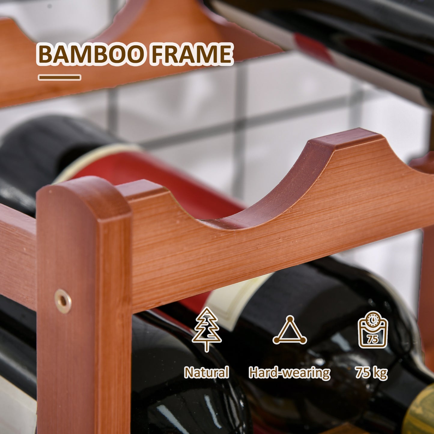 HOMCOM Free Standing Bamboo Wine Rack with 16 Bottles Holder, 4-tier Water Bottle Organiser, Display Shelf for Countertop, Home Bar, Brown