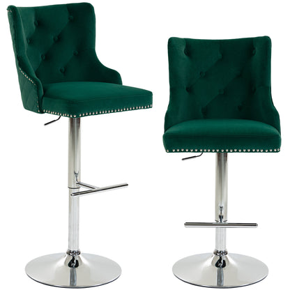 HOMCOM Bar Stools Set of 2, Modern Swivel & Adjustable Velvet Barstools with Button-Tufted Back, Footrest for Home Bar, Green