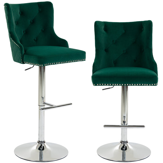 HOMCOM Bar Stools Set of 2, Modern Swivel & Adjustable Velvet Barstools with Button-Tufted Back, Footrest for Home Bar, Green