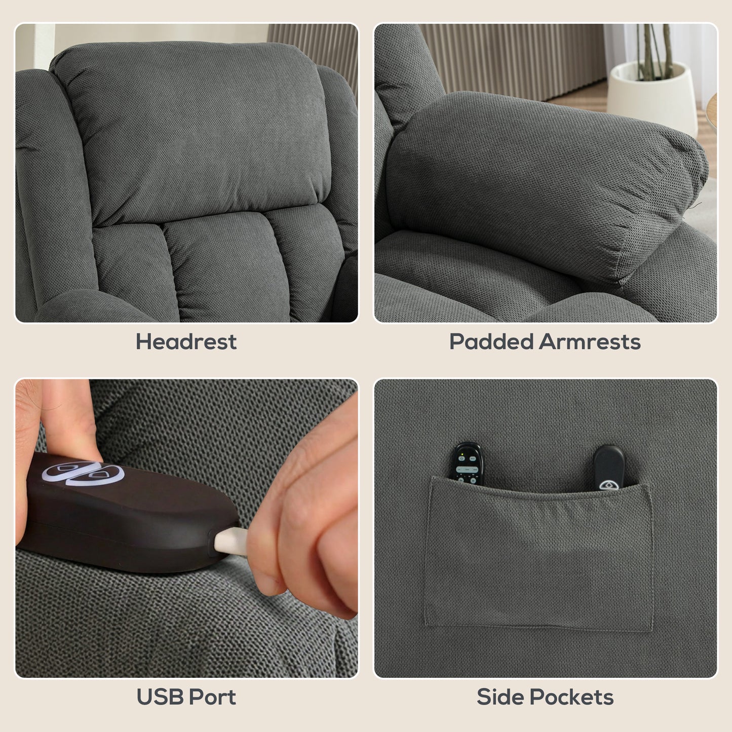 HOMCOM Recliner Armchair Lift Chair, Electric Recliner Chair with Vibration Massage and Heat, Wide Seat, USB Port, Grey