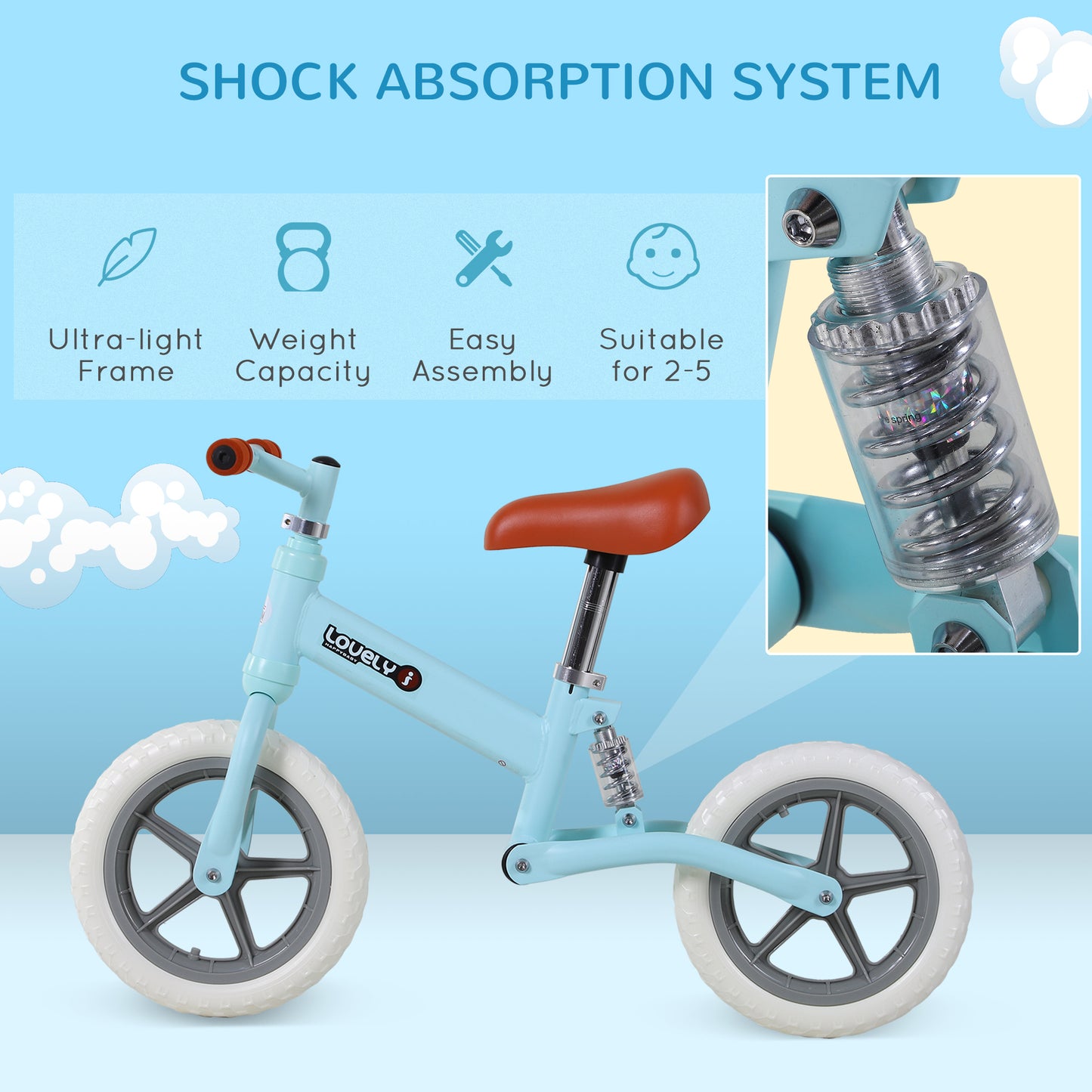 HOMCOM 12" Kids Balance Bike No Pedal Bicycle EVA Tyre Adjustable Seat Toddler Training Bike W/ Shock Absorber 2 - 5 Years Gift for Boys Girls Blue