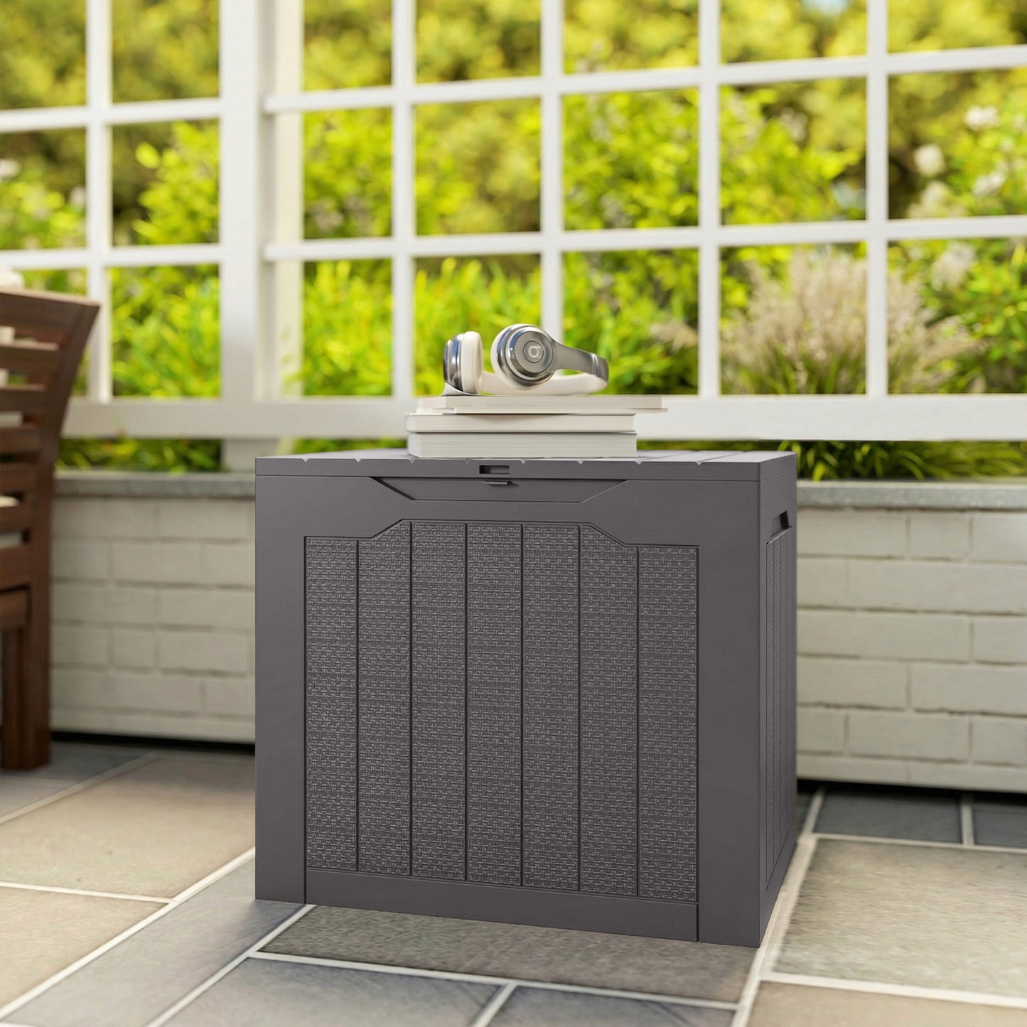 Outsunny 93L Plastic Garden Storage Box, Outdoor Storage Box with Handles, Waterproof Outdoor Storage Container, Brown