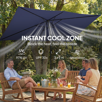 Outsunny 3 x 2 m Garden Parasol Umbrella with LED Solar Light, Parasol Cover, Outdoor Market Patio Umbrella, Navy Blue