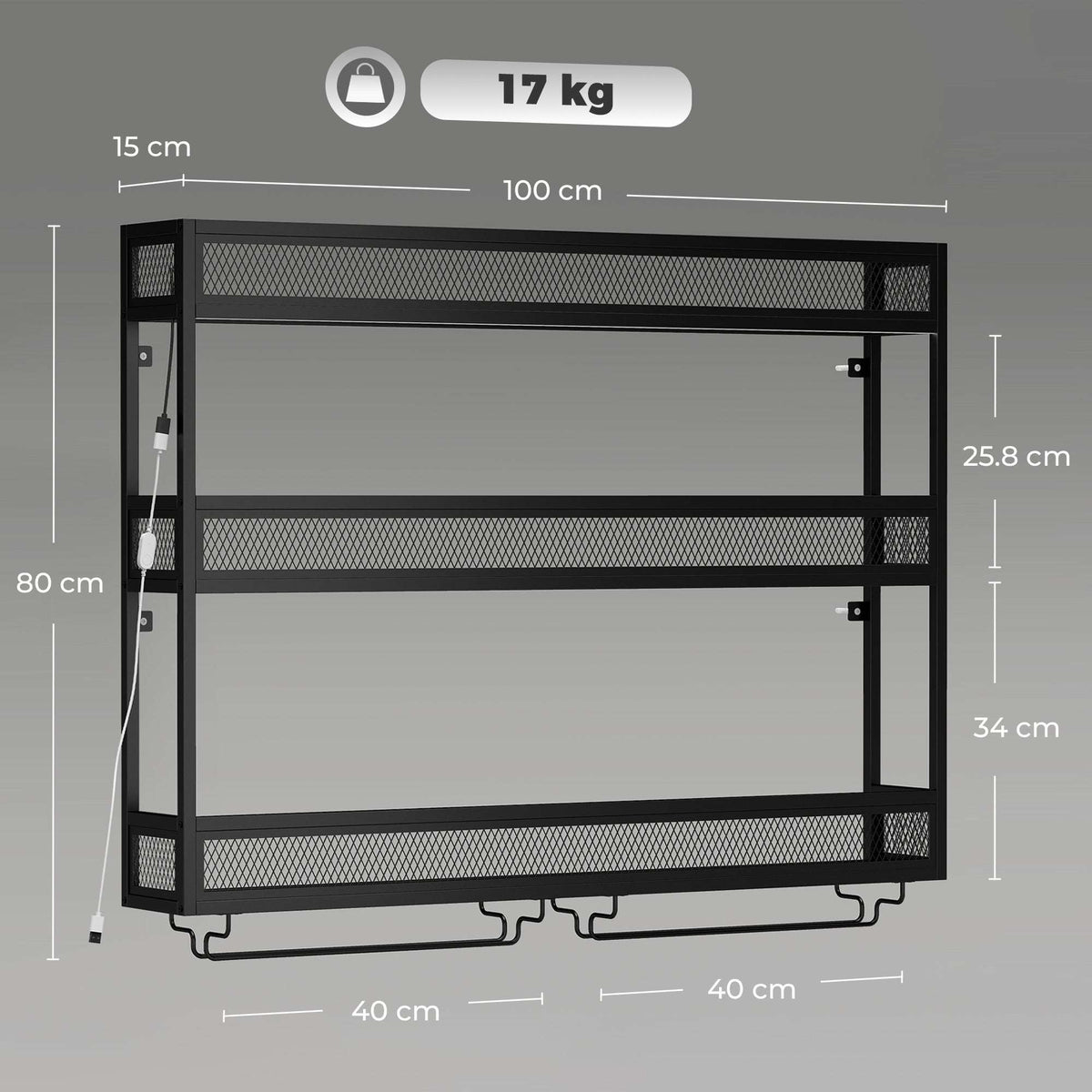 HOMCOM Wall-Mounted Wine Rack with LED Lights, Glass Holders, Open Shelf, Metal Storage Rack, Black