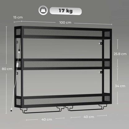 HOMCOM Wall-Mounted Wine Rack with LED Lights, Glass Holders, Open Shelf, Metal Storage Rack, Black