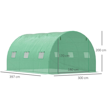 Outsunny Walk-in Polytunnel Greenhouse, Outdoor Garden Tunnel Greenhouse Tent with Zipped Roll-Up Door and 6 Mesh Windows, 4 x 3M--ChewyGames-ChewyGames