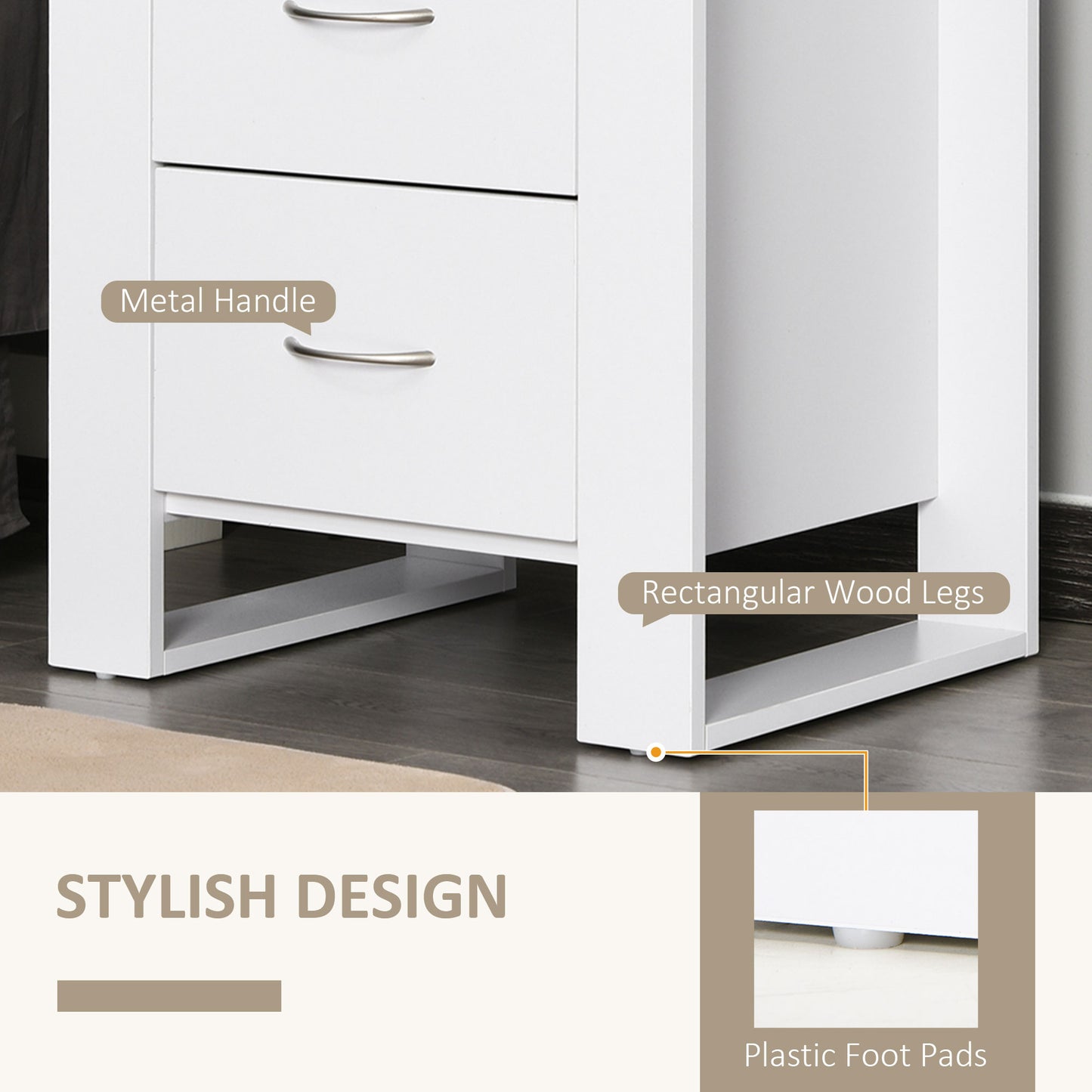 HOMCOM Bedside Table Set of 2 with 2 Drawers, Nightstands with Handles and Elevated Base, Side Tables for Bedroom, Living Room, White
