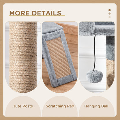 PawHut Cat Tree Tower 142cm Climbing Kitten Activity Center with Jute Scratching Post Board, Removable Felt Hanging Toy, Grey