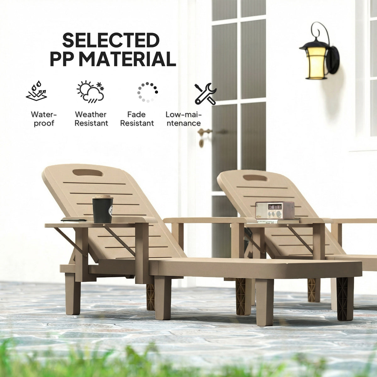 Outsunny Set of 2 Reclining Sun Loungers, 5 Positions Adjustable Outdoor Chaise Lounge Chair with Armrests, Khaki-Sunloungers-ChewyGames-ChewyGames