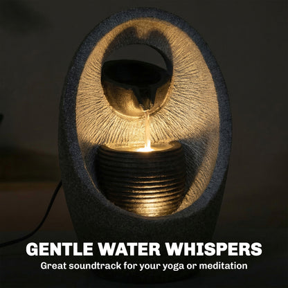 Outsunny Water Feature with 2-Tier Bowls, Garden Water Fountain with Pump and LED Lights, Resin Cascading Waterfall