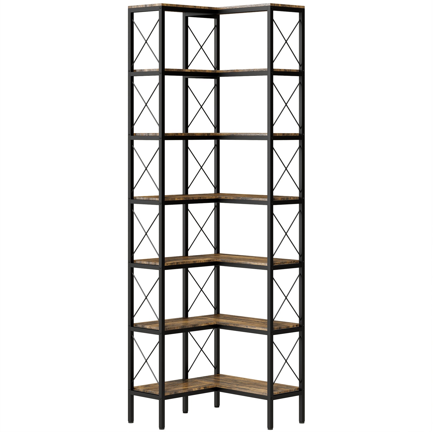 HOMCOM 6-Tier L-Shaped Bookshelf, Freestanding Corner Bookcase with Metal Frame, Rustic Brown