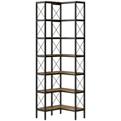 HOMCOM 6-Tier L-Shaped Bookshelf, Freestanding Corner Bookcase with Metal Frame, Rustic Brown