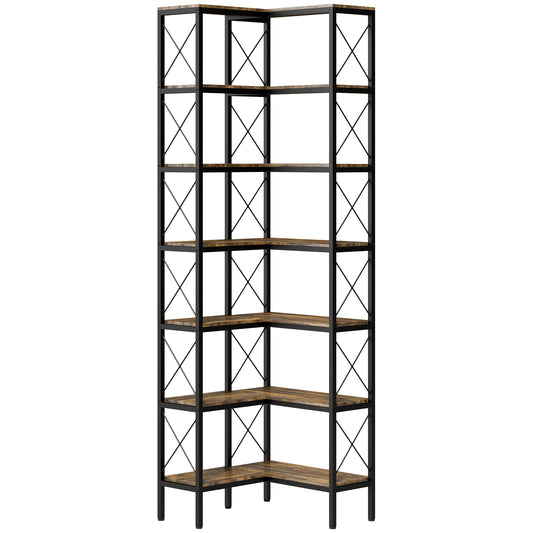 HOMCOM 6-Tier L-Shaped Bookshelf, Freestanding Corner Bookcase with Metal Frame, Rustic Brown