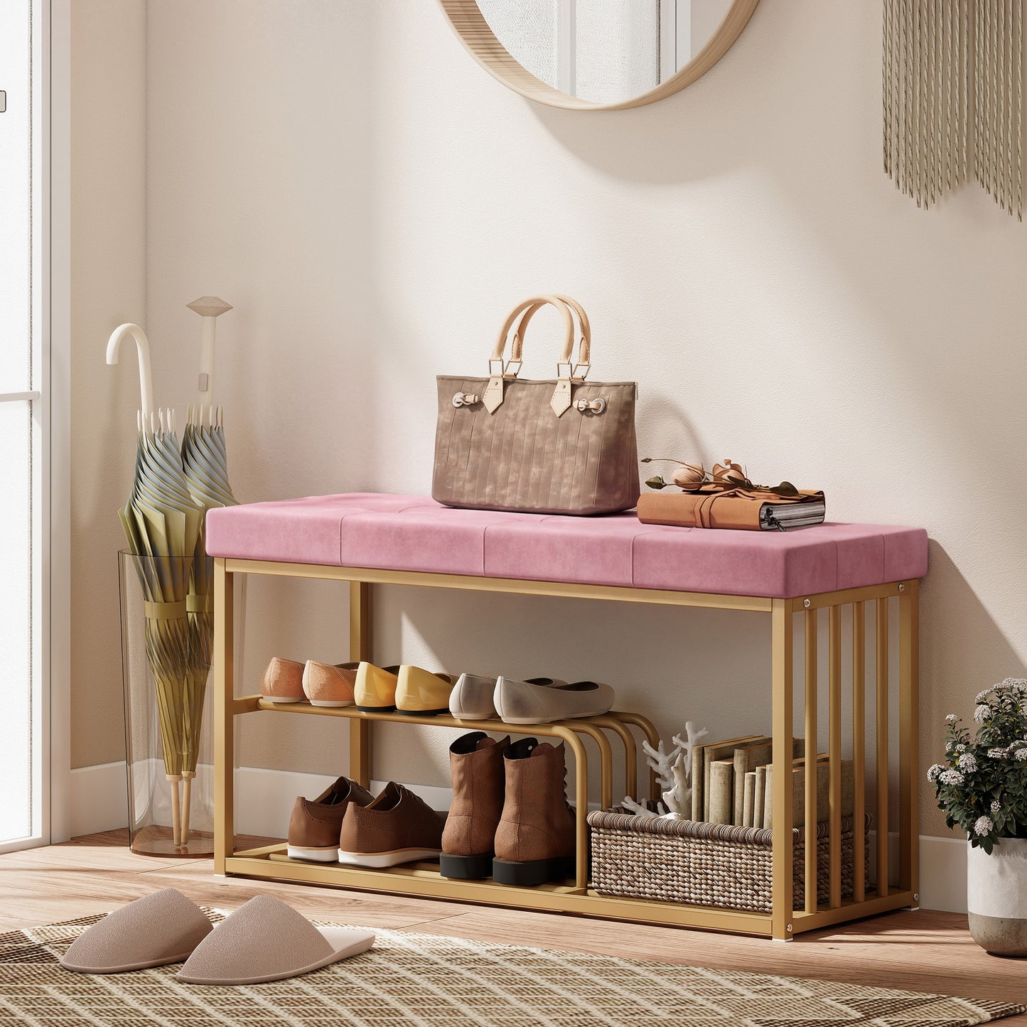 HOMCOM Bench and Shoe Storage, Tufted Shoe Storage Bench with Velvet Seat Cushion Gold Steel Frame for Entryway, Pink
