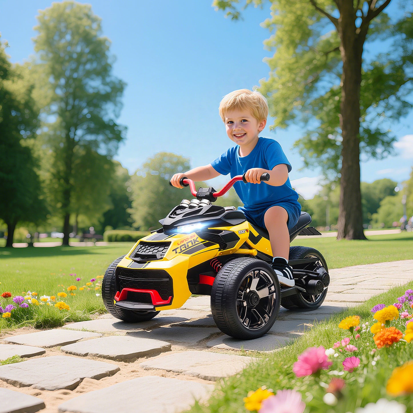 AIYAPLAY 12V Kids Electric Ride On Car with 3 Wheeler, MP3 Player, Horn, 2 Speeds, LED Lights for Boys & Girls Ages 3-8, Yellow