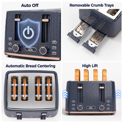 HOMCOM Toaster 4 slice, Toaster with 7 Browning Levels, High Lift, Reheat/Defrost/Cancel, Self-centring Function, Dark Blue